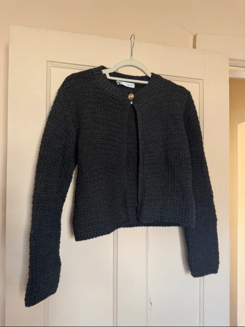Zara NWT Textured Black gold single Button Cardigan Sweater